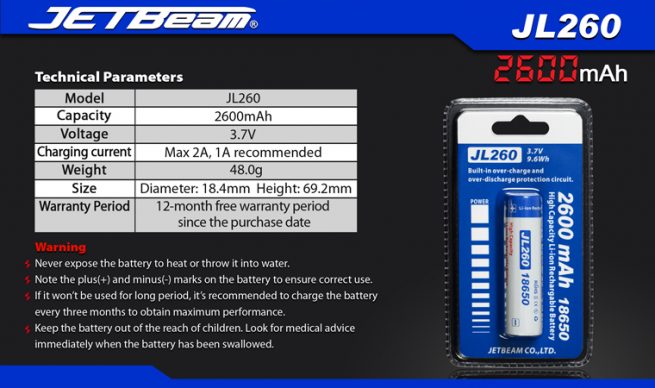 JETBeam18650 2600mah Rechargeable Li-ion Battery-10064
