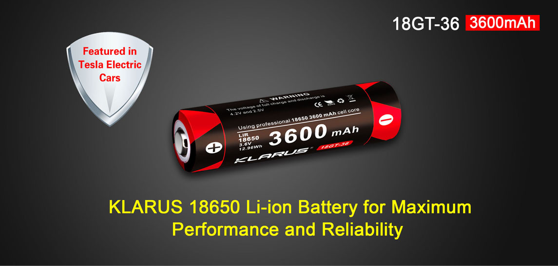Klarus 3600mah Rechargeable 18650 battery-button top