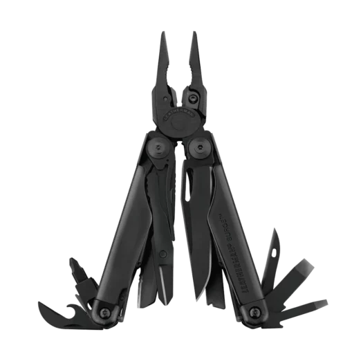 Black Leatherman Surge multi-tool opened to show pliers and multiple fold-out blades and tools.