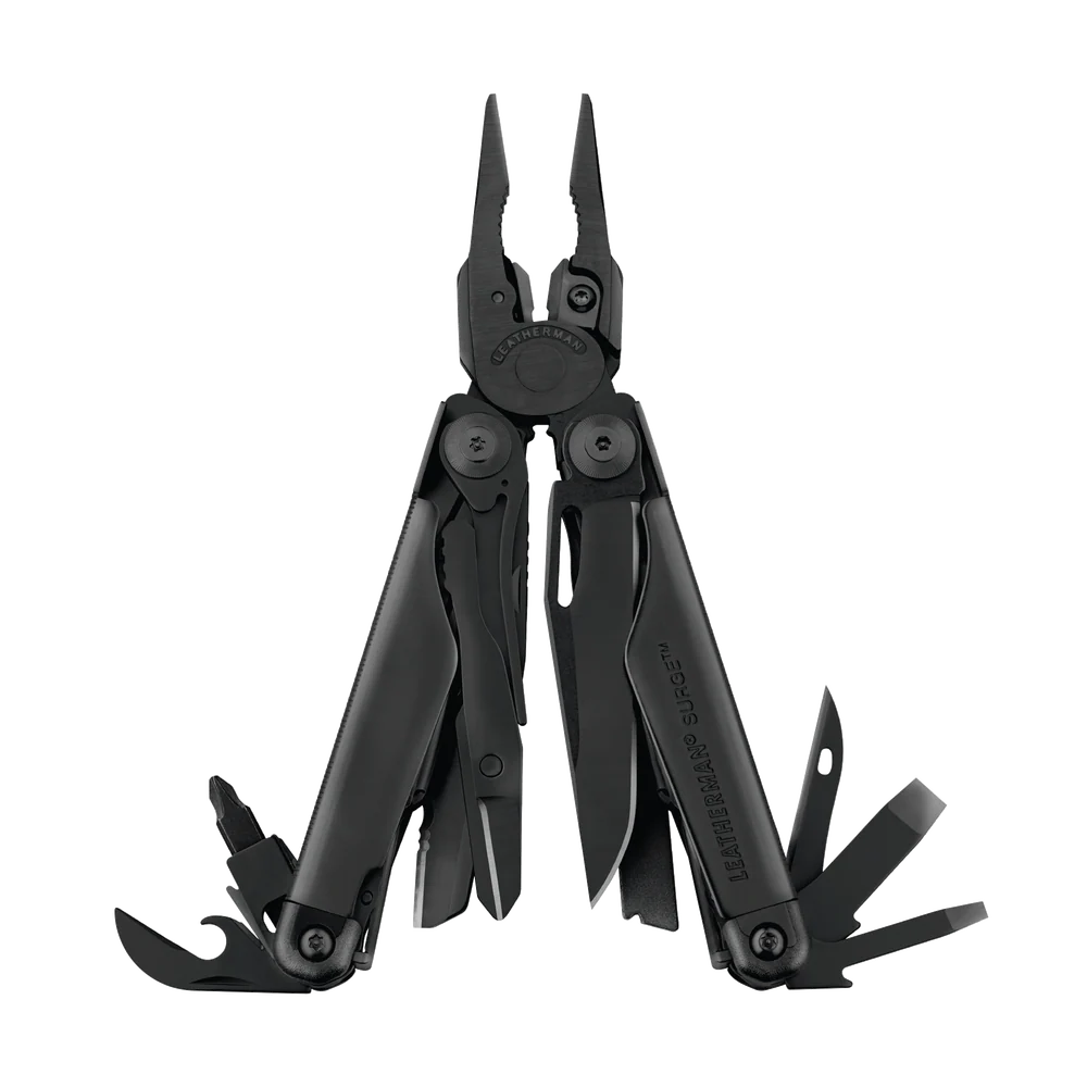 Black Leatherman Surge multi-tool opened to show pliers and multiple fold-out blades and tools.
