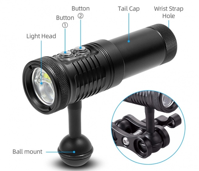 Hi-Max V17 Professional Diving Photo/Video Torch -2200 Lumens (Auto Flash LED and White/Red UV Light) - Image 4