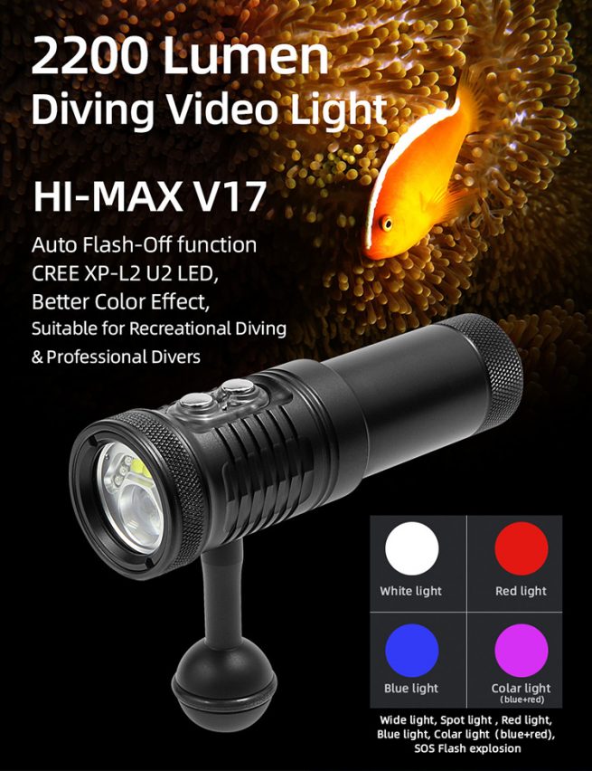 Hi-Max V17 Professional Diving Photo/Video Torch -2200 Lumens (Auto Flash LED and White/Red UV Light) - Image 3