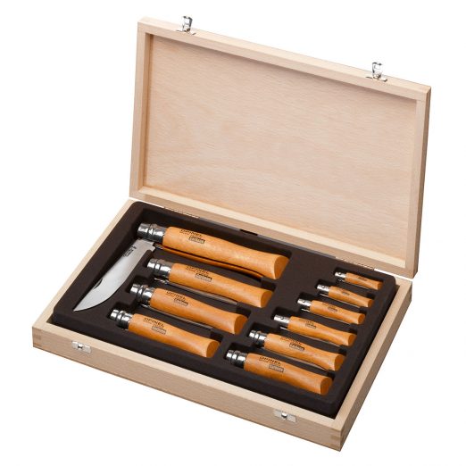 Opinel Wooden Gift Box Set of 10 Carbon Steel Traditional Classic Folding Knives (#02 To #12)