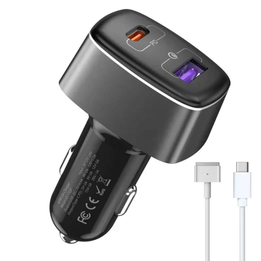 Dual-port car charger with PD and QC ports and a white USB-C to USB-C cable beside.