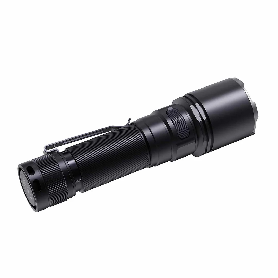 Compact black handheld flashlight with textured grip and metal clip on the side grip rail area.