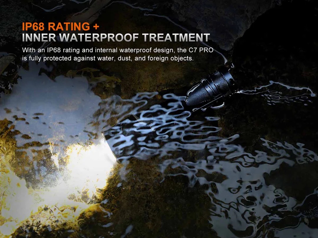 Flashlight in water with bold text: 'IP68 RATING + INNER WATERPROOF TREATMENT' promoting IP68 rating and waterproof design for protection against water and debris.