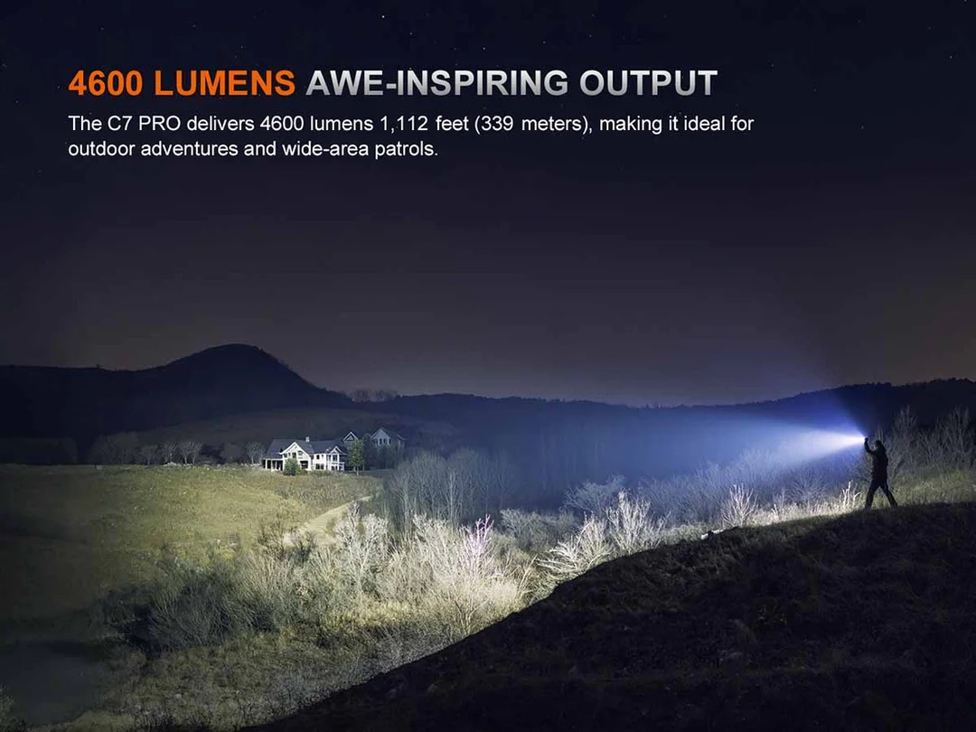 Night landscape: a person shines a bright beam from a flashlight across a hill toward a distant house, in an ad for 4600 lumens output.