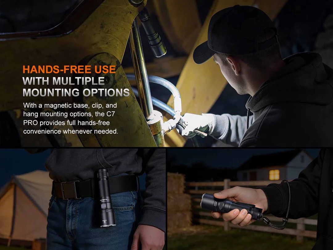 Man wearing a headlamp/flashlight mounted hands-free on a helmet in a workshop setting, showing multiple mounting options for the C7 PRO system.