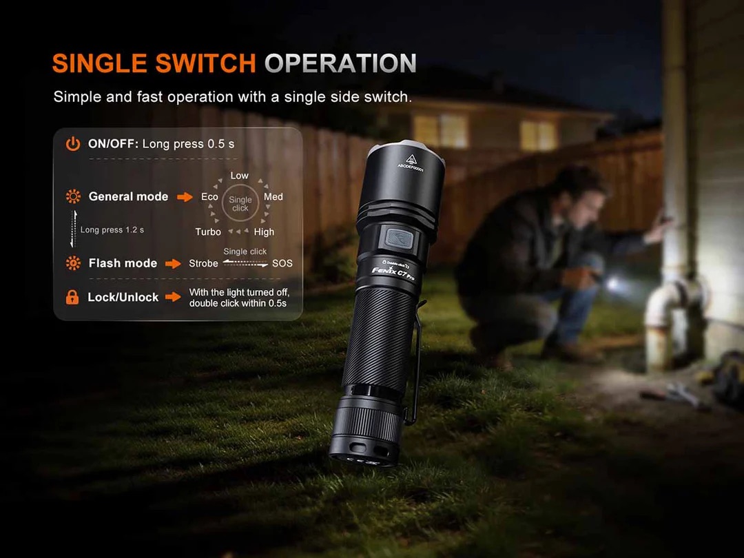 Promotional image of a flashlight with a single-switch operation diagram and labeled modes (Eco, Turbo, High) beside it in a dark outdoor setting.