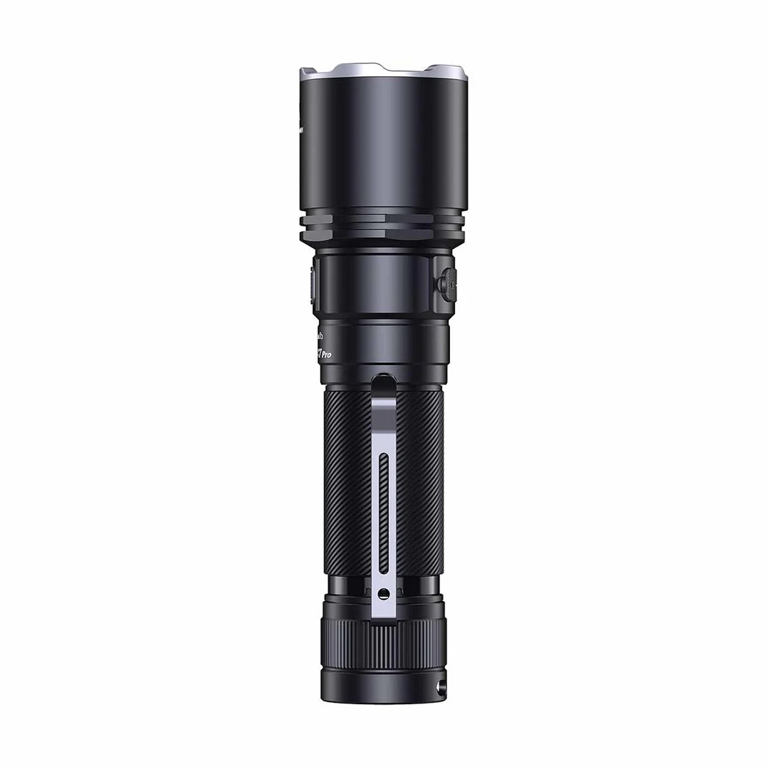 Black tactical flashlight with textured grip and metal pocket clip, standing upright.