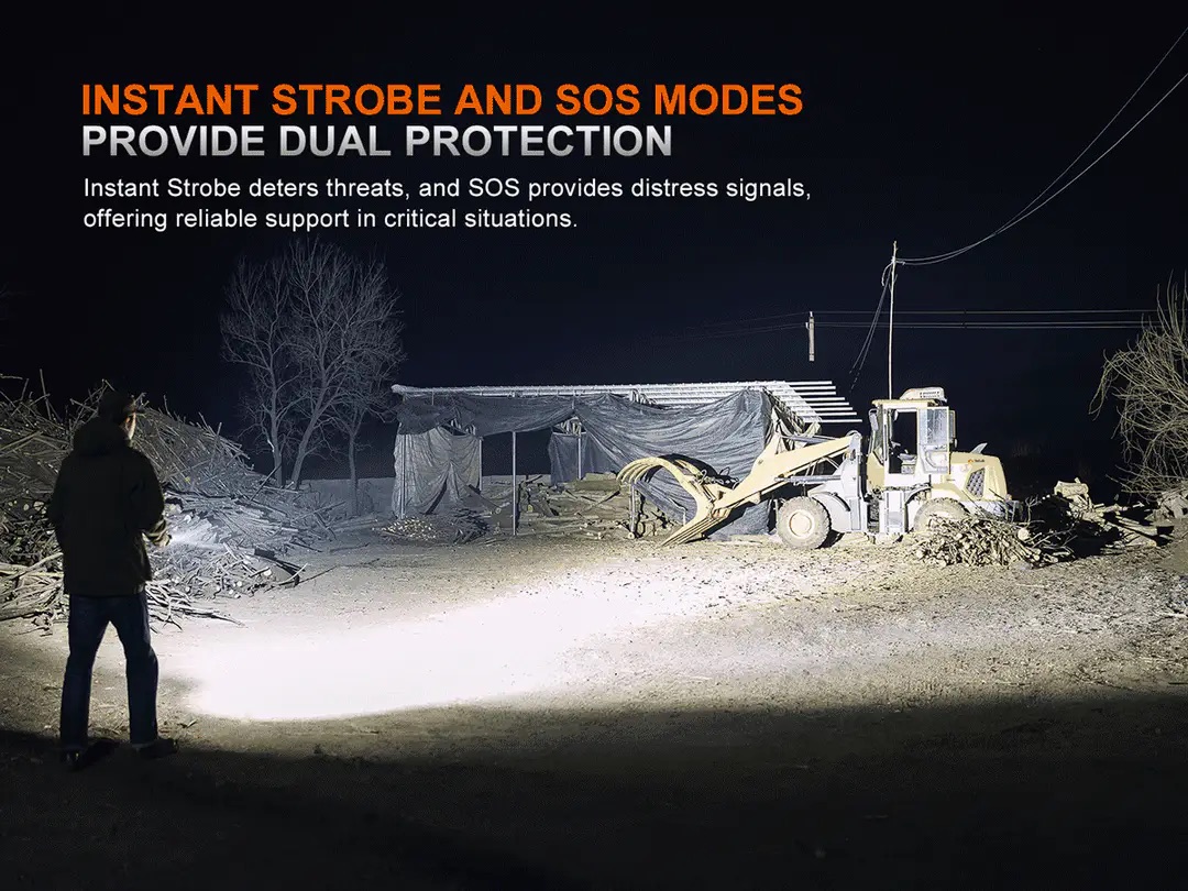 Night scene of a construction site with a bulldozer and piles of debris; a person stands left, and an orange headline reads 'Instant Strobe and SOS Modes'.