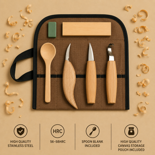 Woodworking carving tool set in a brown fabric roll with four wooden handles and a spoon, plus a green eraser block and wood shavings nearby.