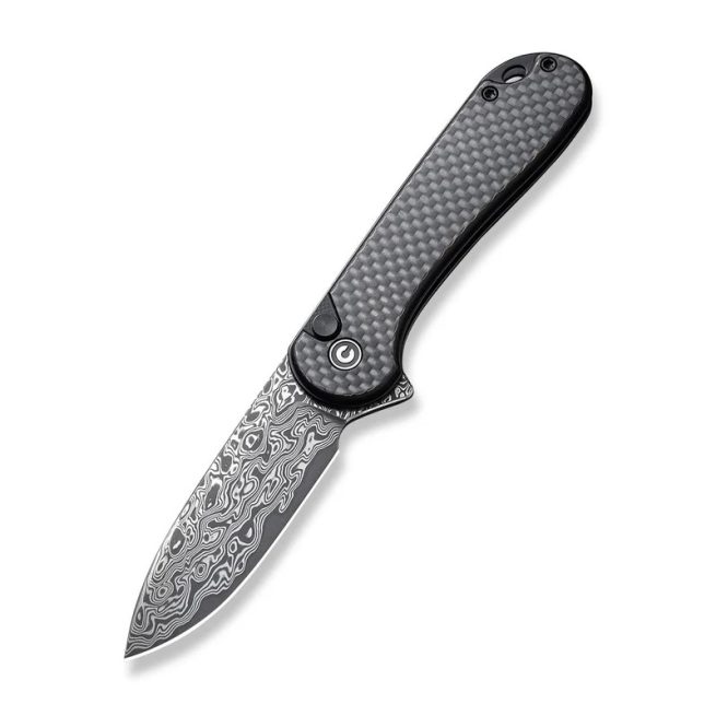 CIVIVI  Button Lock Elementum II C18062PB-DS1, Twill Carbon Fibre Overlay on Black G10 Handle, 2.96" Damascus Blade