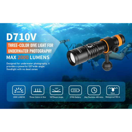 OrcaTorch D710V Three-Colour Video Dive Light - White, Red and UV LEDs