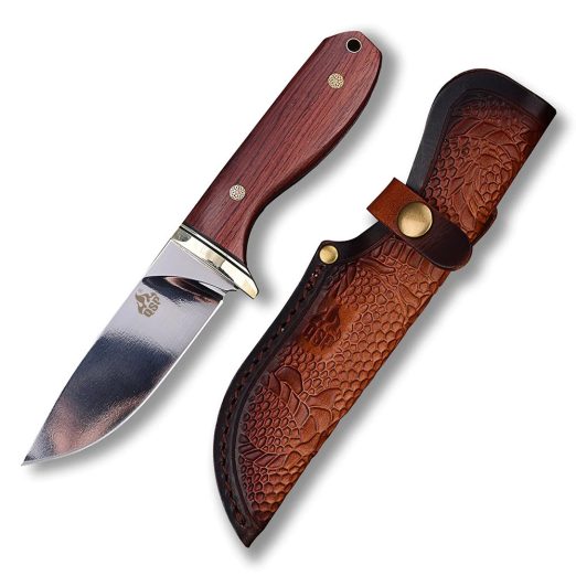 QSP Erised I Fixed Blade - Mirror Polished 9Cr14Mov, Rosewood Handles with Mosaic Pins, and Leather Cover, QS114