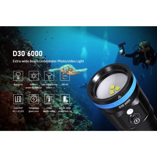 XTAR D30 6000 Extra Wide Angle Dive Photography Torch Kit - 6000 Lumens, High CRI