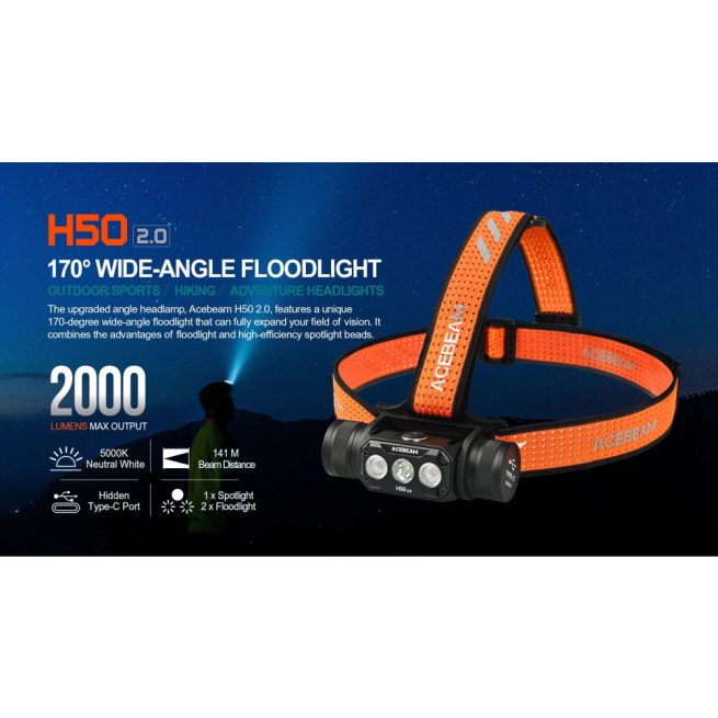 AceBeam H50 2.0 High Performance Rechargeable Spot/Flood High CRI Headlamp (2000 Lumens, 141 Metres) - Image 2