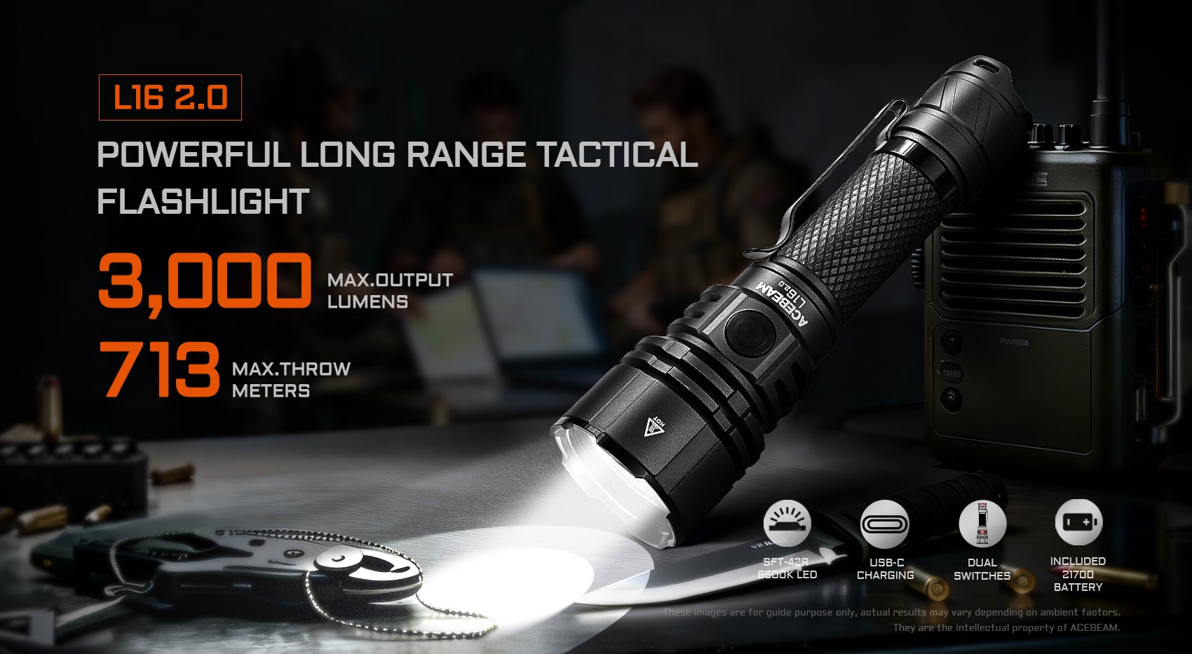 AceBeam L16 2.0 Rechargeable Compact Tactical Flashlight (3000 Lumens, 713 Metres) - Image 7