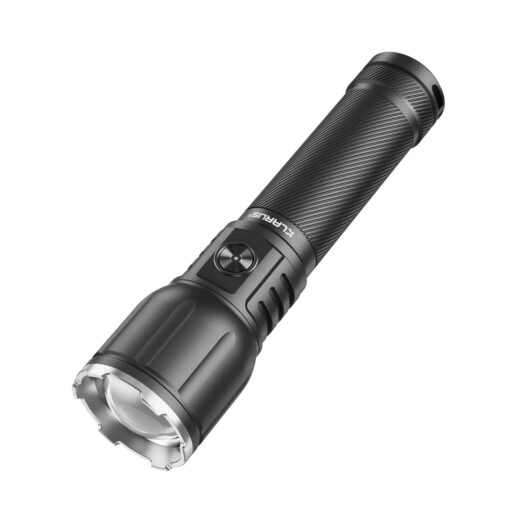 Handheld black flashlight with knurled grip and a silver head, showing a side on/off switch area