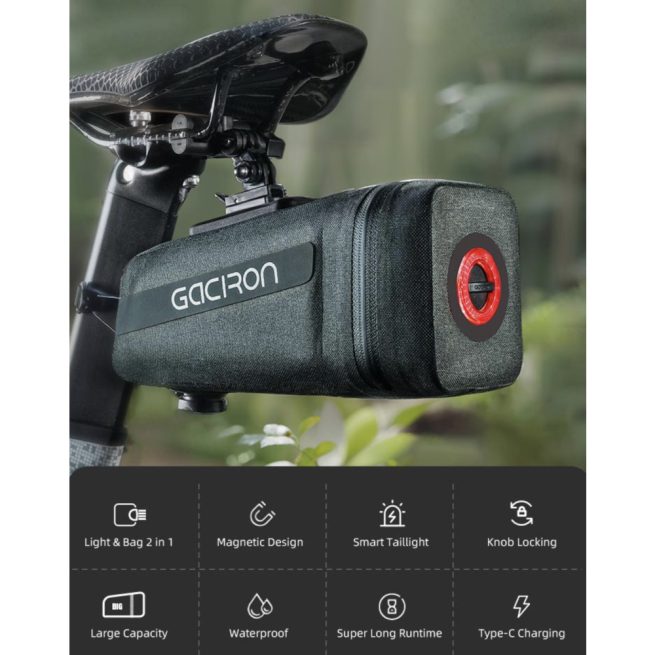 Gaciron Bird Nest 200, Cycling Saddle Bag with Motion Sensor Tail Light - Black - Image 2