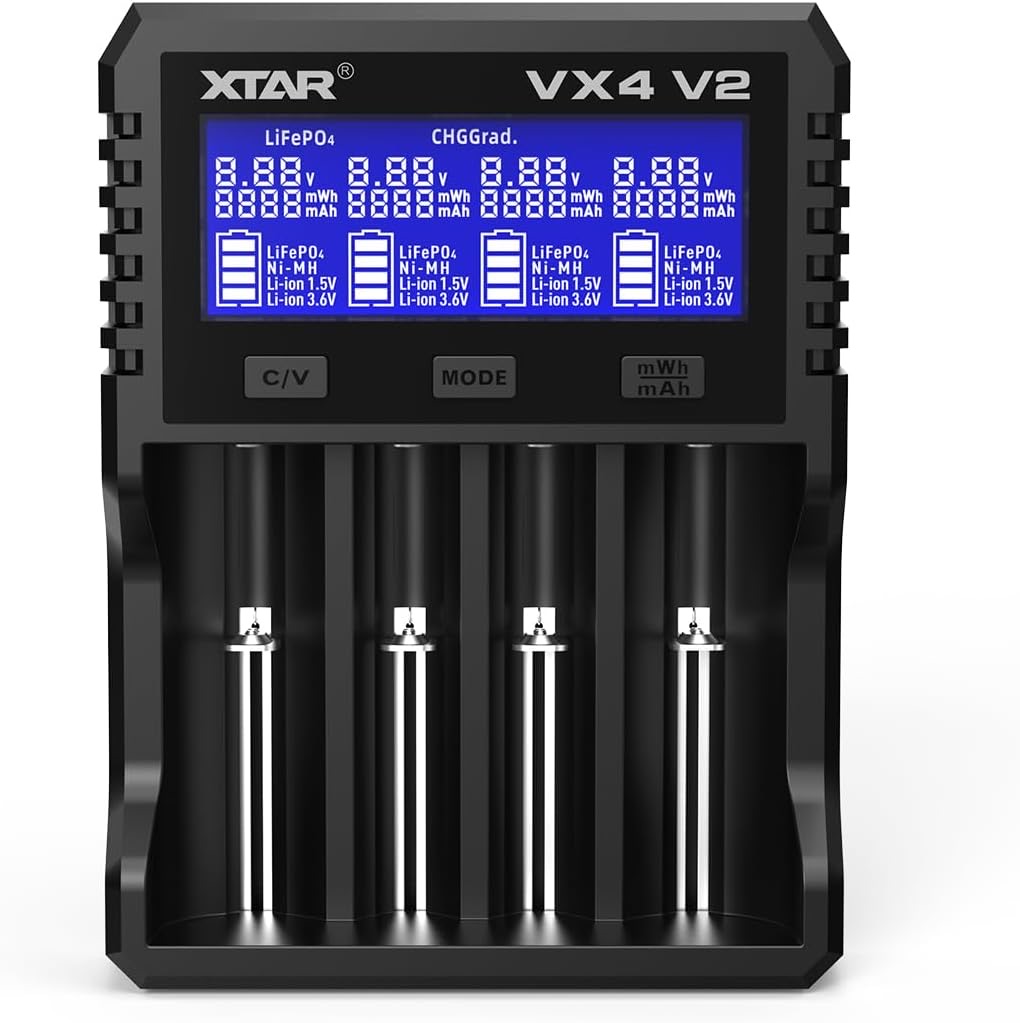XTAR VX4 V2 four-bay battery charger with a blue backlit display and four battery icons, showing charging status for Li-ion and Ni-MH cells
