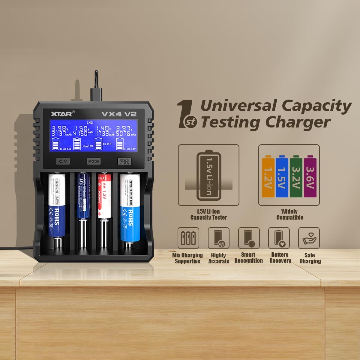 XTAR VX4 V2 multi-slot battery charger with four batteries on a wooden table, blue display visible on left side.