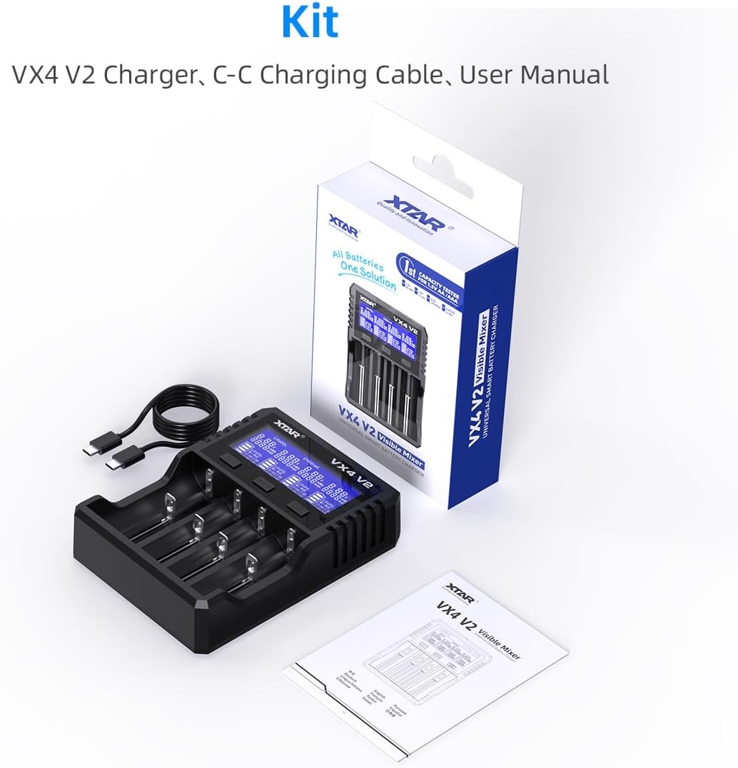 VX4 V2 battery charger with four bays, USB-C power cable, and packaging box with manual beside it.