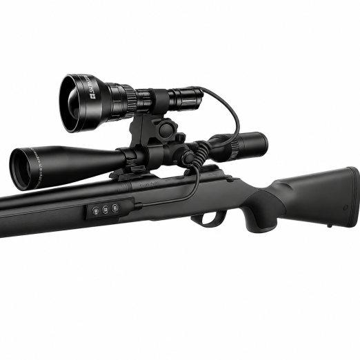 Black sniper rifle with a large scope mounted on top, shown in profile against a white background.