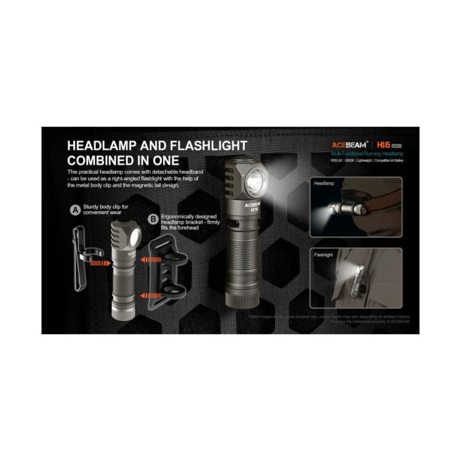 AceBeam H16 Lightweight Running Headlamp/Right Angle Flashlight (1000 Lumens, 105 Metres) - Grey - Image 7