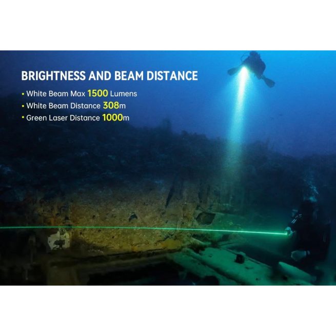 OrcaTorch D570-GL 2.0 Dive Light with White Light (1500 Lumens) and Green Laser Light (1000 Metres) - Image 2