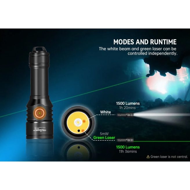 OrcaTorch D570-GL 2.0 Dive Light with White Light (1500 Lumens) and Green Laser Light (1000 Metres) - Image 6