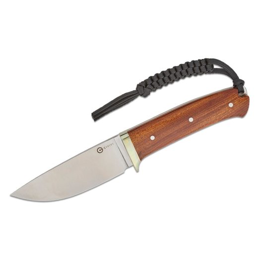 CIVIVI Cloud Peak C23044-3, 4.6" Nitro-V Satin Fixed Blade, Contoured Guibourtia Wood Handle, Brown Leather Pouch