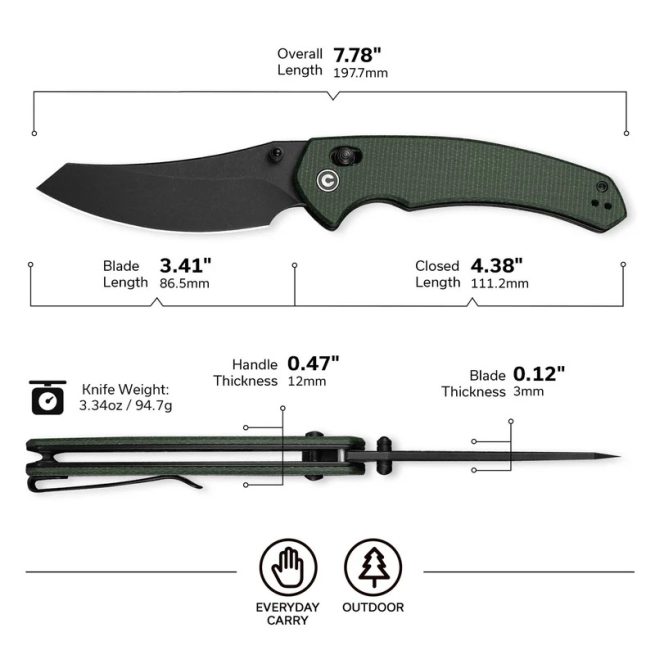 CIVIVI Sixgill C24050-3, 3.41" Black Stonewashed Nitro-V Blade, Green Canvas Micarta Handle, Crossbar Lock - Image 4