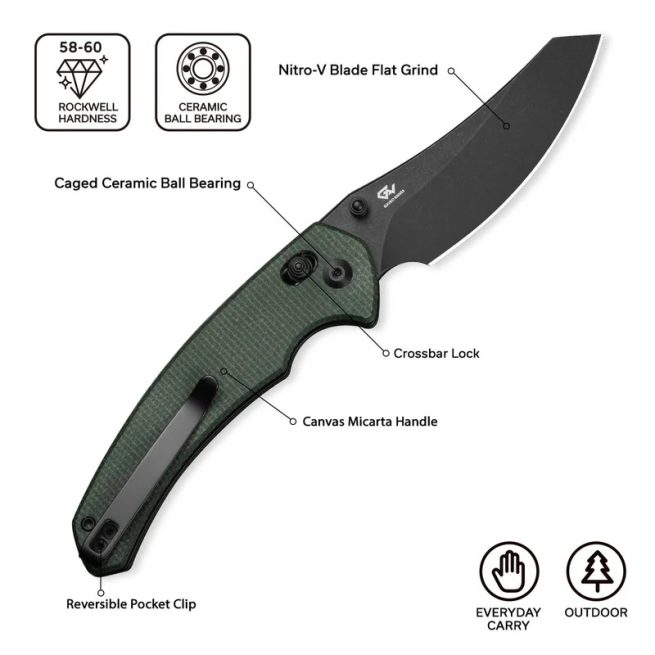 CIVIVI Sixgill C24050-3, 3.41" Black Stonewashed Nitro-V Blade, Green Canvas Micarta Handle, Crossbar Lock - Image 5