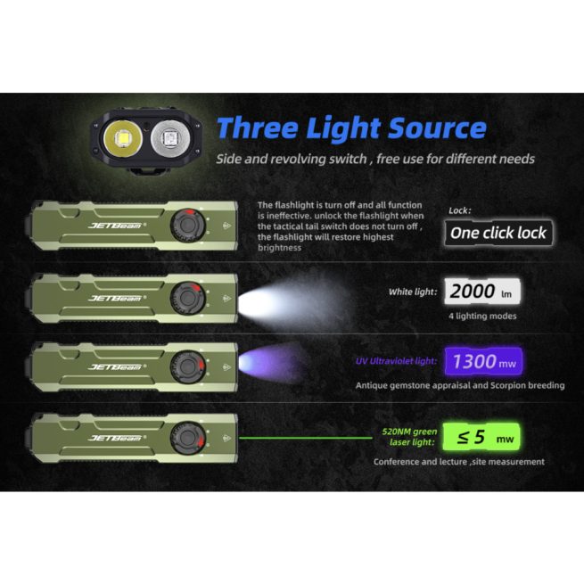 JETBeam E26-UV KUNAI Rechargeable Pocket Light with 365nm UV and 5mW Green Laser (2000 Lumens) - Image 6