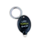 Keychain LED flashlight with 'LED TORCH SHOP' branding on a black oval body
