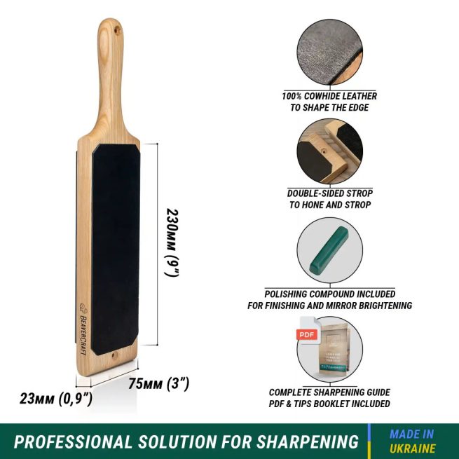BeaverCraft Dual-Sided Leather Paddle Strop with Polishing Compound - LS1P1 - Image 4