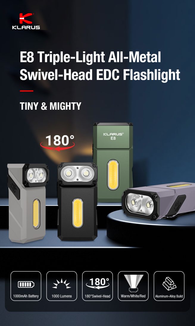 Klarus E8 EDC Triple-Light Swivel-Head Flashlight Black - 1000 Lumens - Image 6