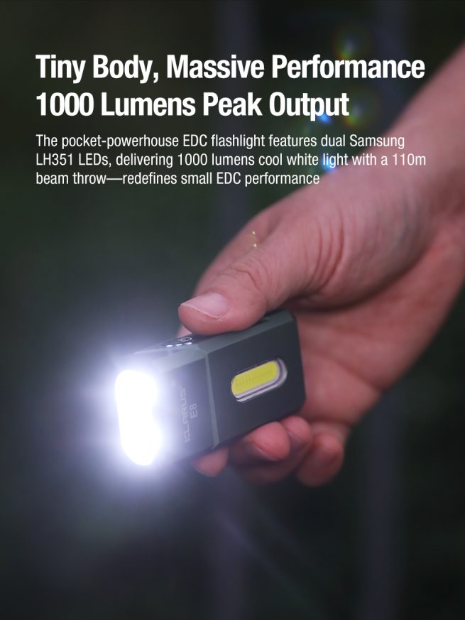 Klarus E8 EDC Triple-Light Swivel-Head Flashlight Black - 1000 Lumens - Image 10
