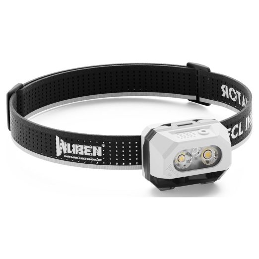 Headlamp with a perforated black strap and two front LED lights.