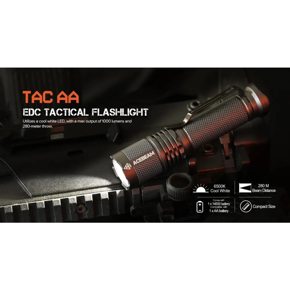 AceBeam TAC AA 2.0 Pocket EDC Flashlight – 1000 Lumens, 280 Metres (Black) - Image 3