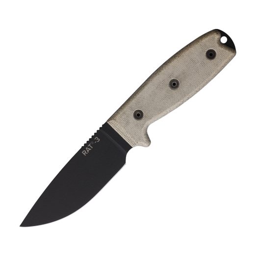 Ontario RAT-3, 3.75″ Black Powder-Coated 1095 Carbon Steel Blade with Green Micarta Handle – 8630