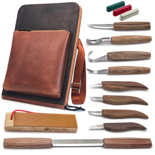 BeaverCraft Deluxe Set of Wood Carving Tools with Walnut Handles in Leather Shoulder Bag- S50X