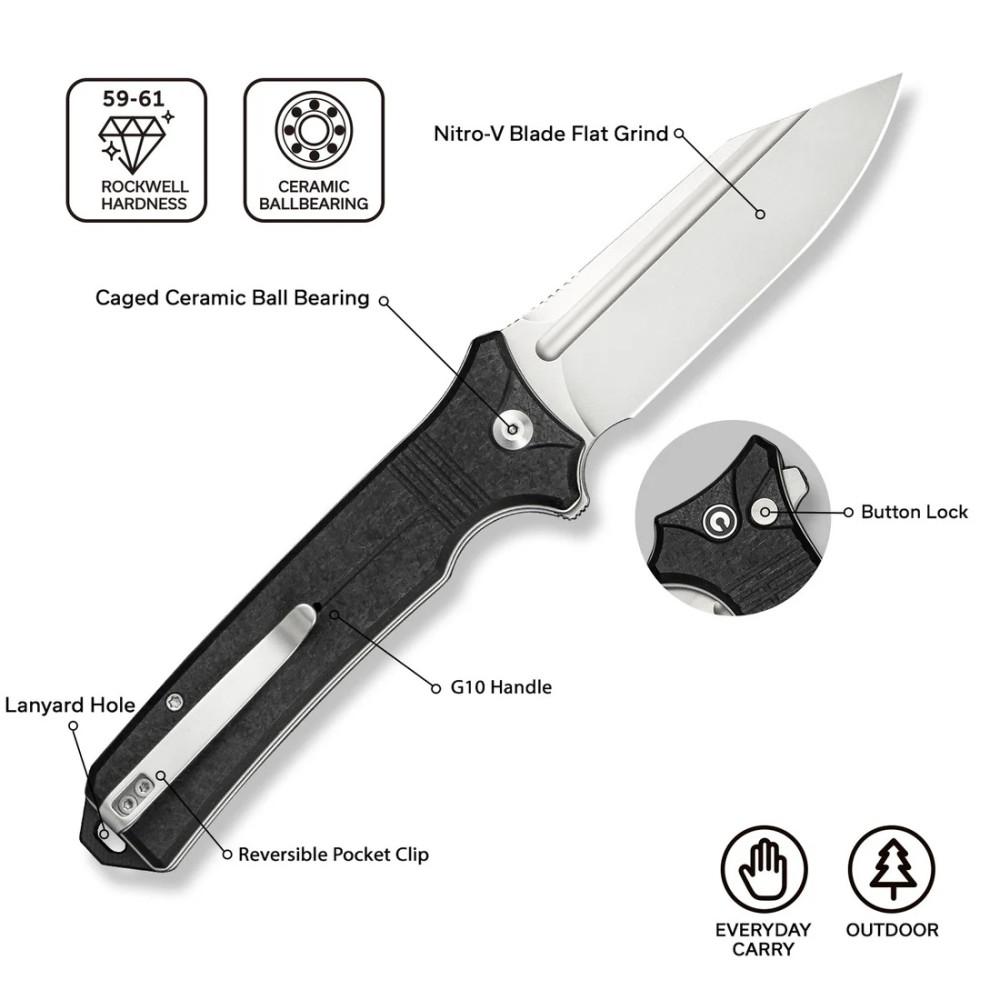 CIVIVI Neurohaptic C23080-2 with Milled Black Shredded G10 Handles and 3.74″ Stonewashed Nitro-V Blade, Button Lock - Image 4