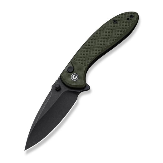 CIVIVI Faeger Flipper & Thumb Stud & Button Lock C24031-2, Milled OD Green G10 Handle 2.98" Black Stonewashed 14C28N Blade
