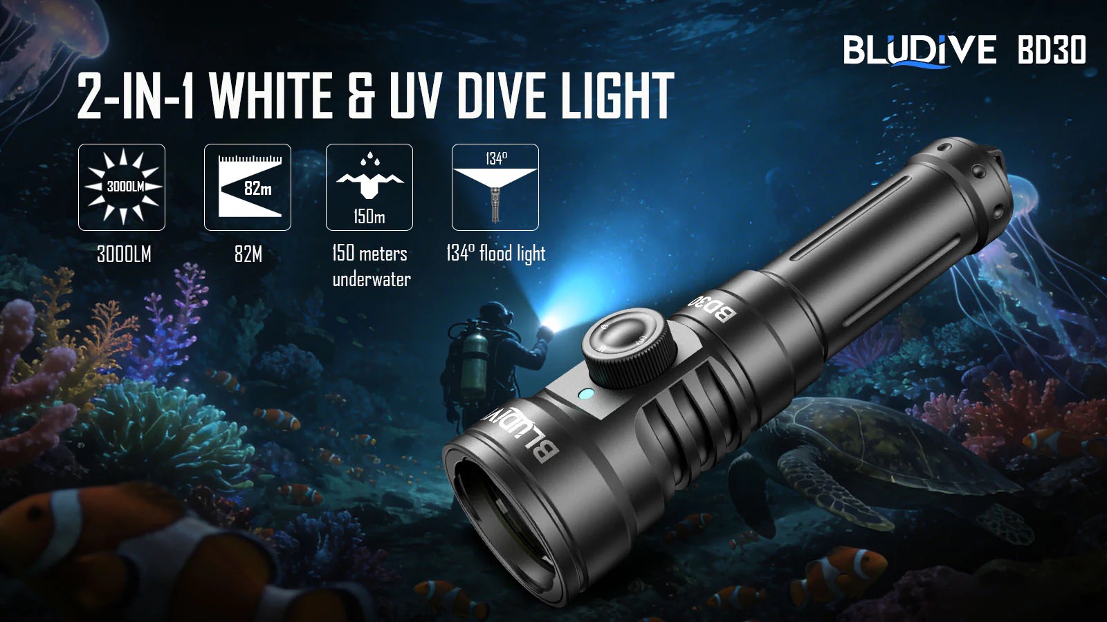 BluDive BD30 3000 Lumen Dive Light – 134° Wide Beam Scuba Video Torch, 150m Waterproof, USB-C 21700 Rechargeable, Dual White & UV - Image 8