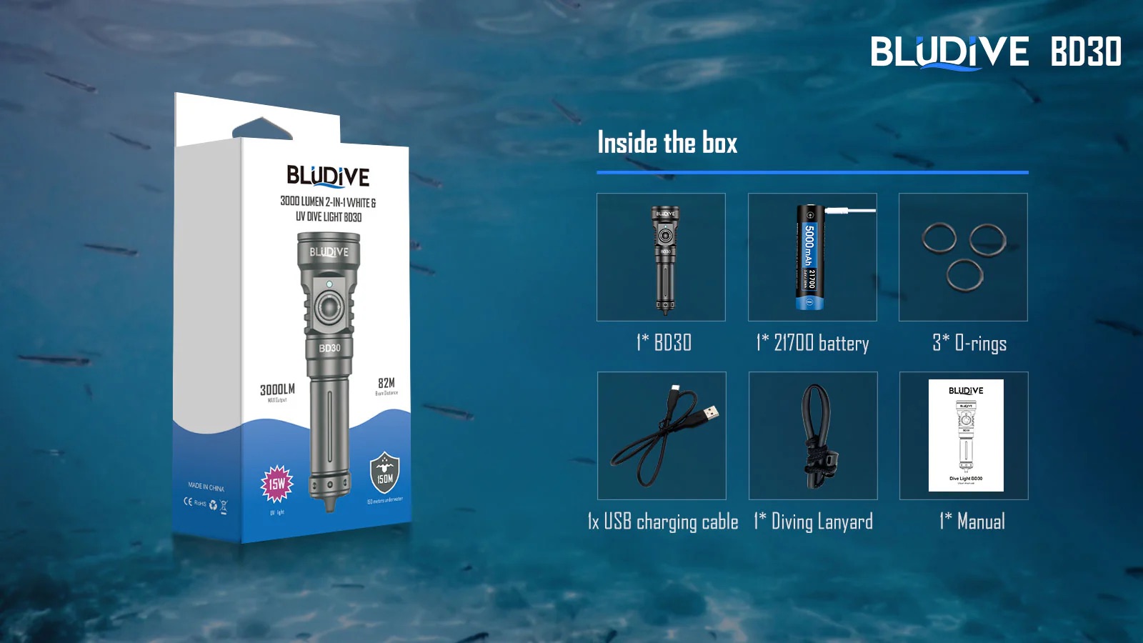 BluDive BD30 3000 Lumen Dive Light – 134° Wide Beam Scuba Video Torch, 150m Waterproof, USB-C 21700 Rechargeable, Dual White & UV - Image 17