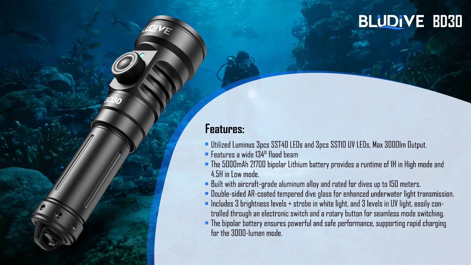 BluDive BD30 3000 Lumen Dive Light – 134° Wide Beam Scuba Video Torch, 150m Waterproof, USB-C 21700 Rechargeable, Dual White & UV - Image 15