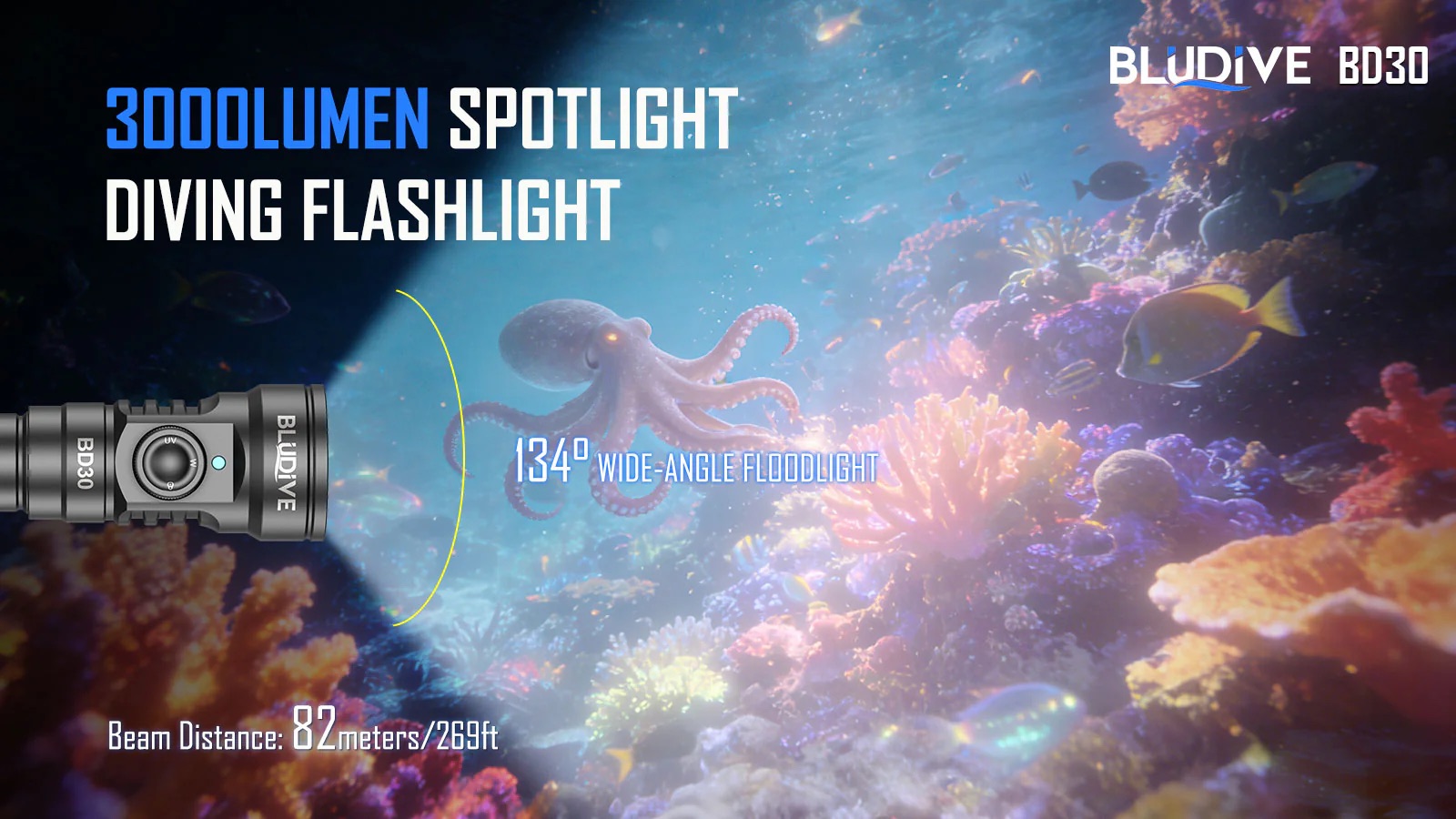 BluDive BD30 3000 Lumen Dive Light – 134° Wide Beam Scuba Video Torch, 150m Waterproof, USB-C 21700 Rechargeable, Dual White & UV - Image 10