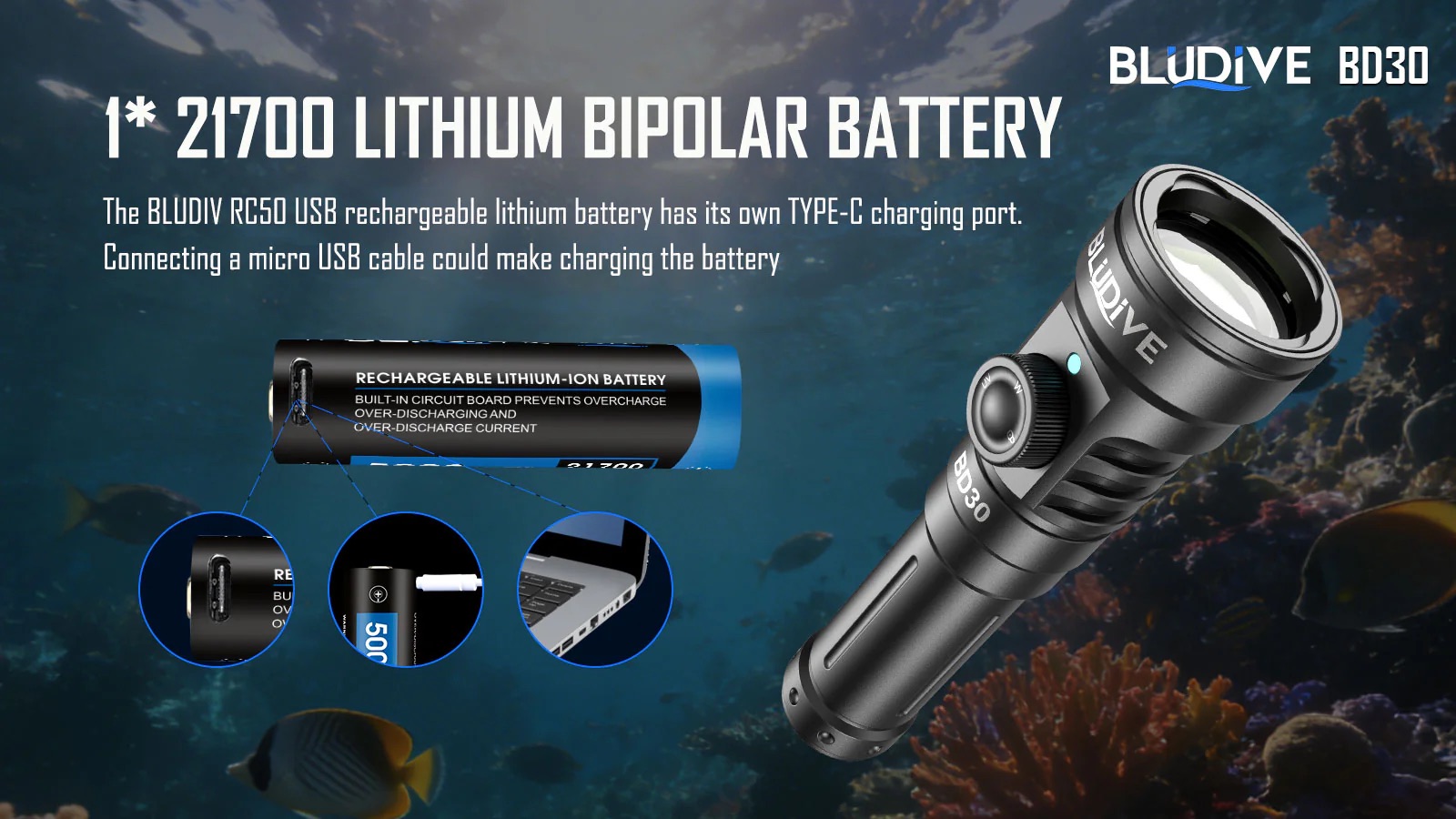 BluDive BD30 3000 Lumen Dive Light – 134° Wide Beam Scuba Video Torch, 150m Waterproof, USB-C 21700 Rechargeable, Dual White & UV - Image 14